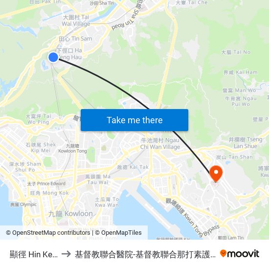 顯徑 Hin Keng to 基督教聯合醫院-基督教聯合那打素護康院 map