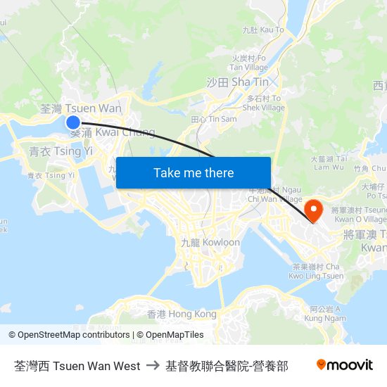 荃灣西 Tsuen Wan West to 基督教聯合醫院-營養部 map