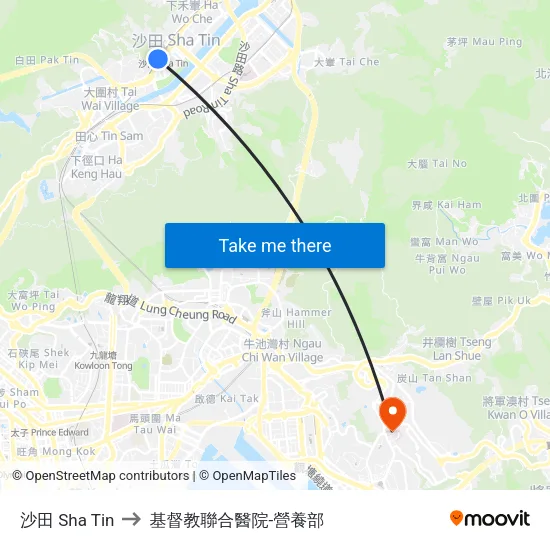 沙田 Sha Tin to 基督教聯合醫院-營養部 map