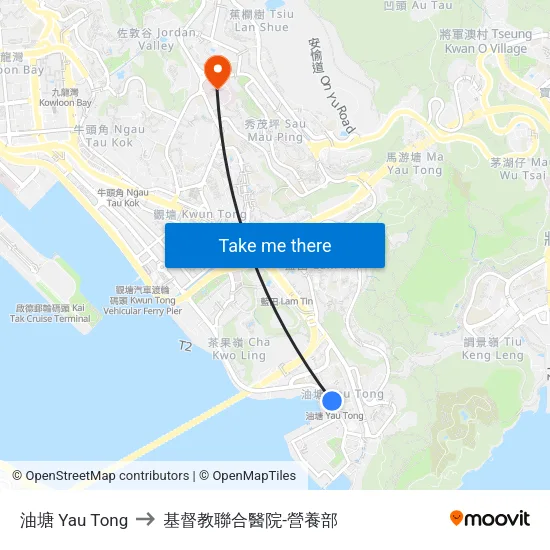 油塘 Yau Tong to 基督教聯合醫院-營養部 map
