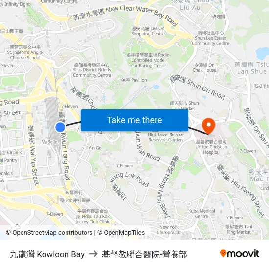 九龍灣 Kowloon Bay to 基督教聯合醫院-營養部 map