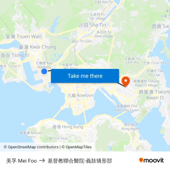 美孚 Mei Foo to 基督教聯合醫院-義肢矯形部 map