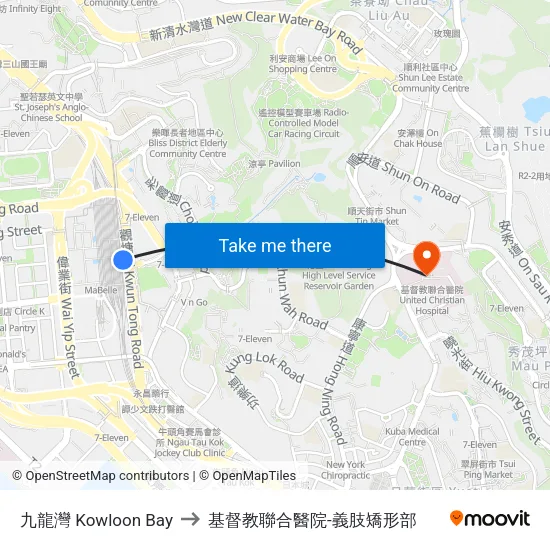九龍灣 Kowloon Bay to 基督教聯合醫院-義肢矯形部 map