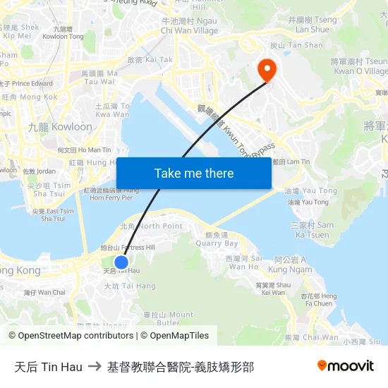 天后 Tin Hau to 基督教聯合醫院-義肢矯形部 map