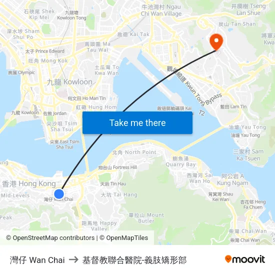 灣仔 Wan Chai to 基督教聯合醫院-義肢矯形部 map