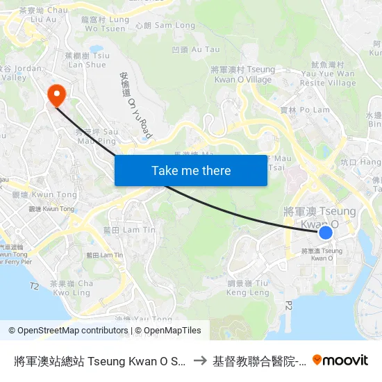 將軍澳站總站 Tseung Kwan O Station Bus Terminus to 基督教聯合醫院-義肢矯形部 map