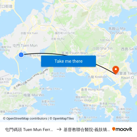 屯門碼頭 Tuen Mun Ferry Pier to 基督教聯合醫院-義肢矯形部 map