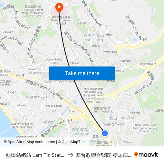 藍田站總站 Lam Tin Station B/T to 基督教聯合醫院-糖尿病科中心 map