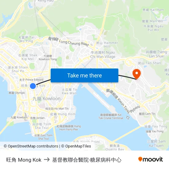 旺角 Mong Kok to 基督教聯合醫院-糖尿病科中心 map