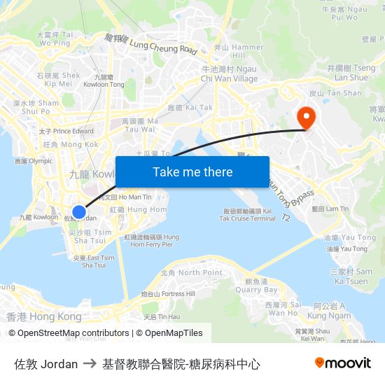 佐敦 Jordan to 基督教聯合醫院-糖尿病科中心 map