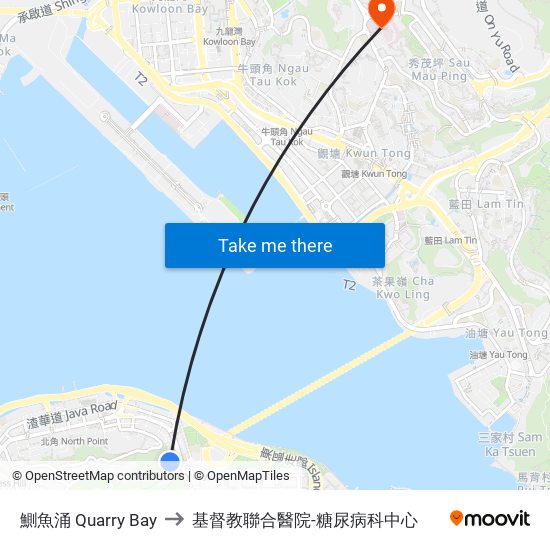 鰂魚涌 Quarry Bay to 基督教聯合醫院-糖尿病科中心 map