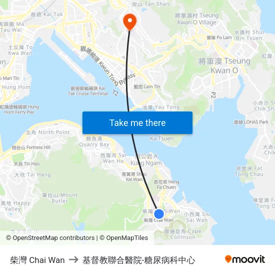 柴灣 Chai Wan to 基督教聯合醫院-糖尿病科中心 map