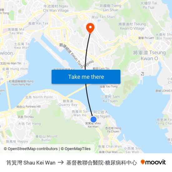 筲箕灣 Shau Kei Wan to 基督教聯合醫院-糖尿病科中心 map