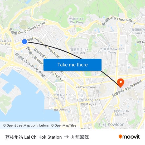 荔枝角站 Lai Chi Kok Station to 九龍醫院 map