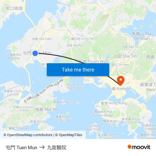 屯門 Tuen Mun to 九龍醫院 map