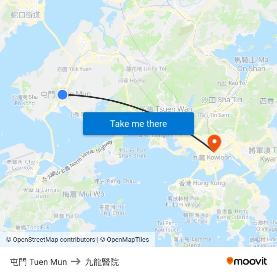 屯門 Tuen Mun to 九龍醫院 map