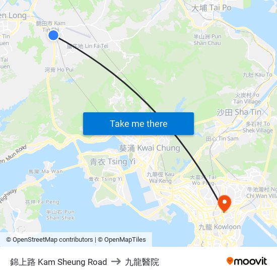 錦上路 Kam Sheung Road to 九龍醫院 map