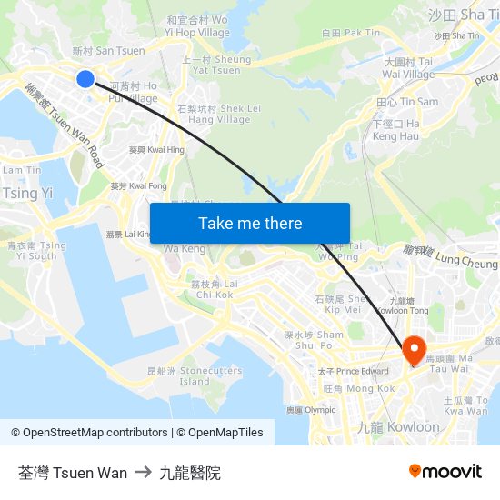 荃灣 Tsuen Wan to 九龍醫院 map