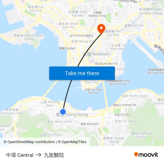 中環 Central to 九龍醫院 map