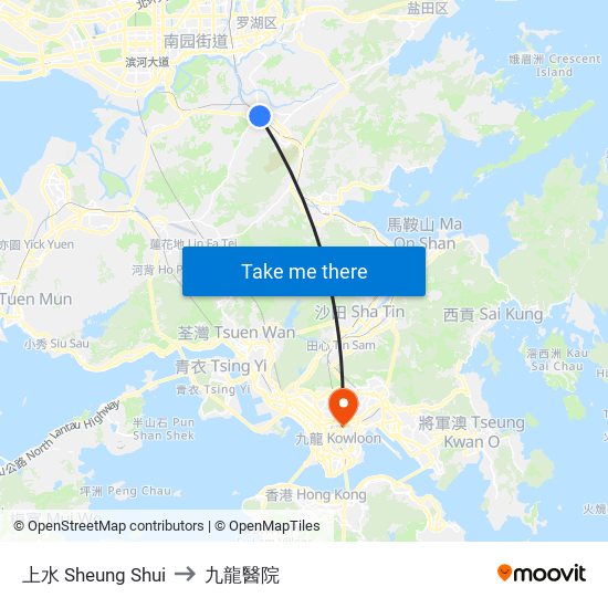 上水 Sheung Shui to 九龍醫院 map