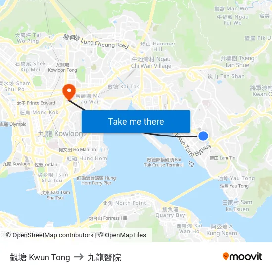 觀塘 Kwun Tong to 九龍醫院 map