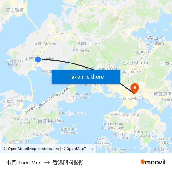 屯門 Tuen Mun to 香港眼科醫院 map