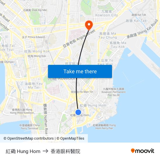 紅磡 Hung Hom to 香港眼科醫院 map