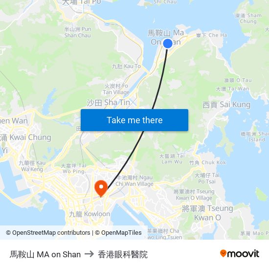 馬鞍山 MA on Shan to 香港眼科醫院 map