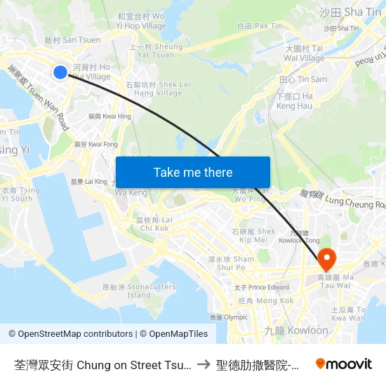 荃灣眾安街 Chung on Street Tsuen Wan to 聖德肋撒醫院-門診部 map
