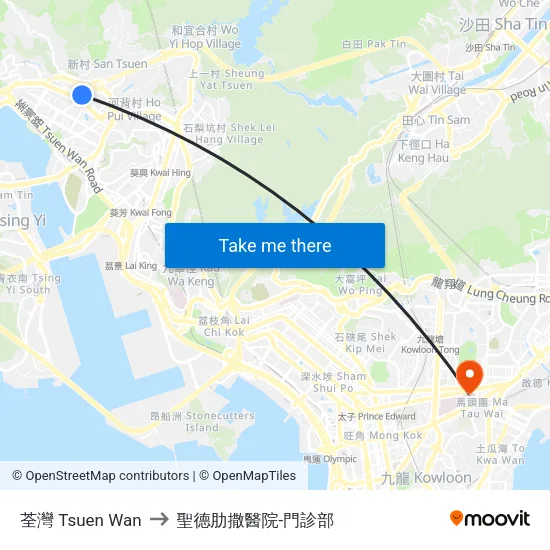 荃灣 Tsuen Wan to 聖德肋撒醫院-門診部 map