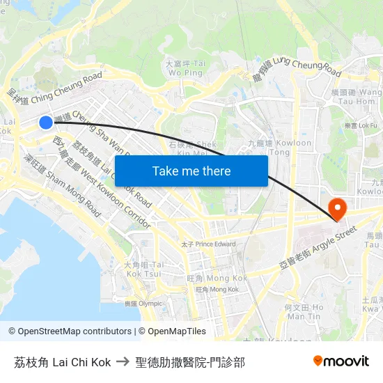 荔枝角 Lai Chi Kok to 聖德肋撒醫院-門診部 map