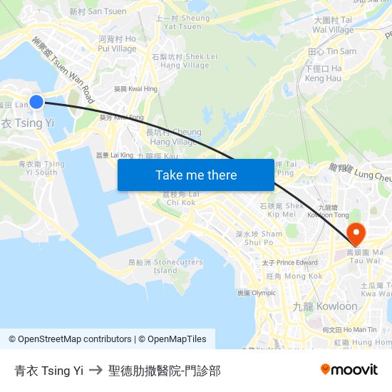 青衣 Tsing Yi to 聖德肋撒醫院-門診部 map