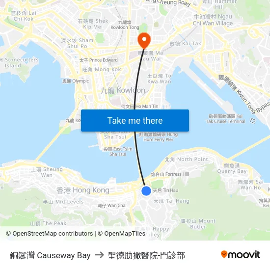 銅鑼灣 Causeway Bay to 聖德肋撒醫院-門診部 map
