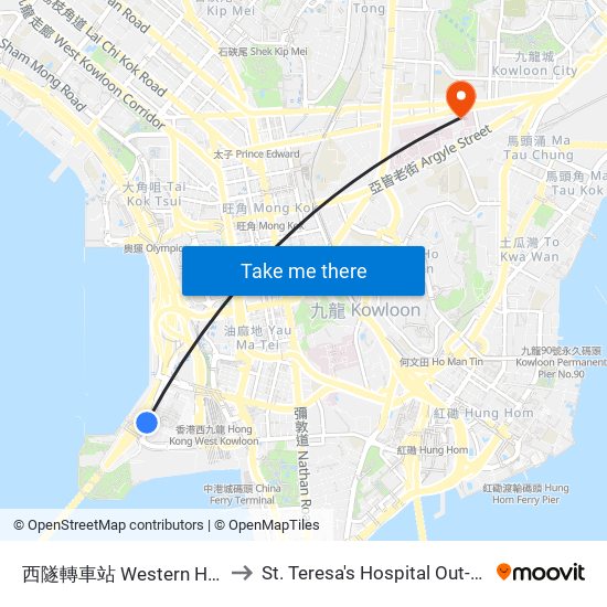 西隧轉車站 Western Harbour Tunnel Bbi to St. Teresa's Hospital Out-Patient Department map