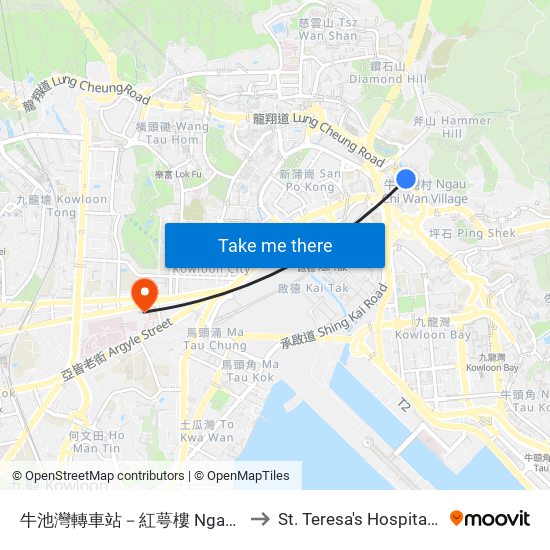 牛池灣轉車站－紅萼樓 Ngau Chi Wan Bbi - Hung Ngok House to St. Teresa's Hospital Out-Patient Department map