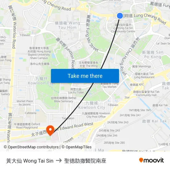 黃大仙 Wong Tai Sin to 聖德肋撒醫院南座 map