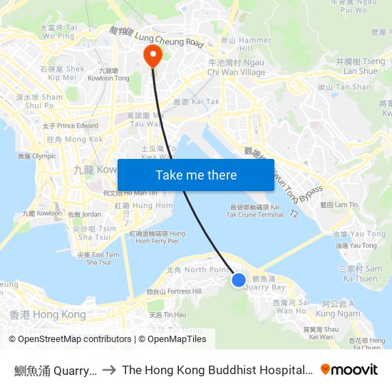 鰂魚涌 Quarry Bay to The Hong Kong Buddhist Hospital Block D map