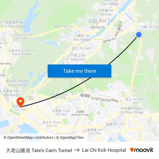 大老山隧道 Tate's Cairn Tunnel to Lai Chi Kok Hospital map