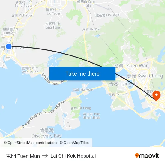 屯門 Tuen Mun to Lai Chi Kok Hospital map