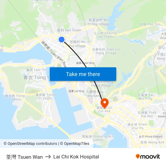 荃灣 Tsuen Wan to Lai Chi Kok Hospital map