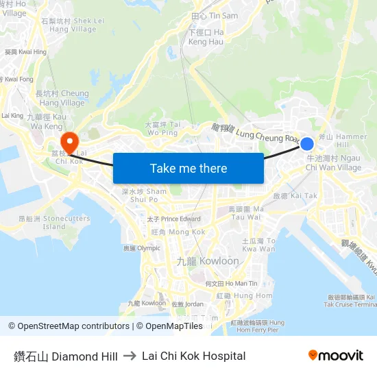 鑽石山 Diamond Hill to Lai Chi Kok Hospital map