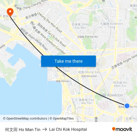 何文田 Ho Man Tin to Lai Chi Kok Hospital map