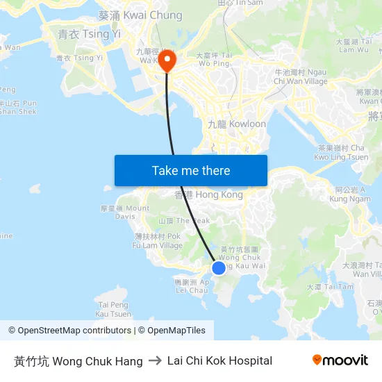 黃竹坑 Wong Chuk Hang to Lai Chi Kok Hospital map