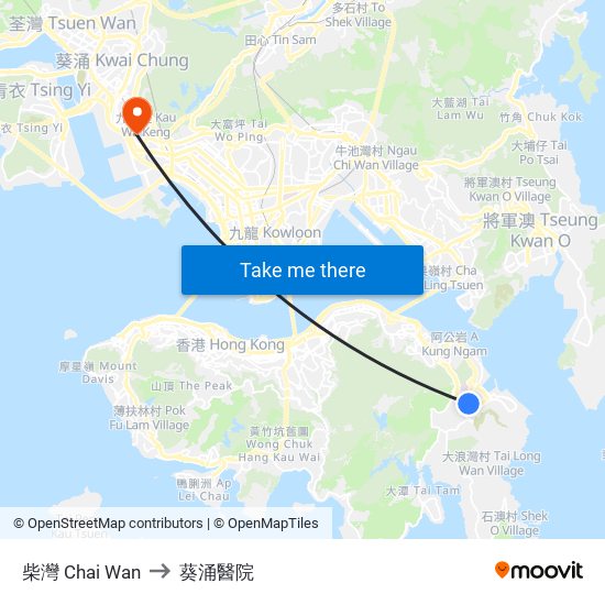 柴灣 Chai Wan to 葵涌醫院 map