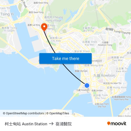 柯士甸站 Austin Station to 葵涌醫院 map