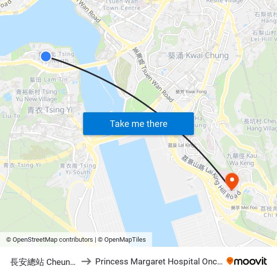 長安總站 Cheung on B/T to Princess Margaret Hospital Oncology Building map