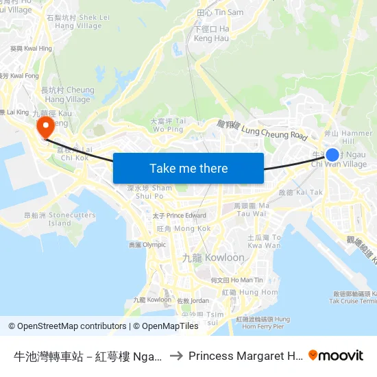 Ngau Chi Wan BBI - Hung Ngok House to Princess Margaret Hospital Oncology Building map