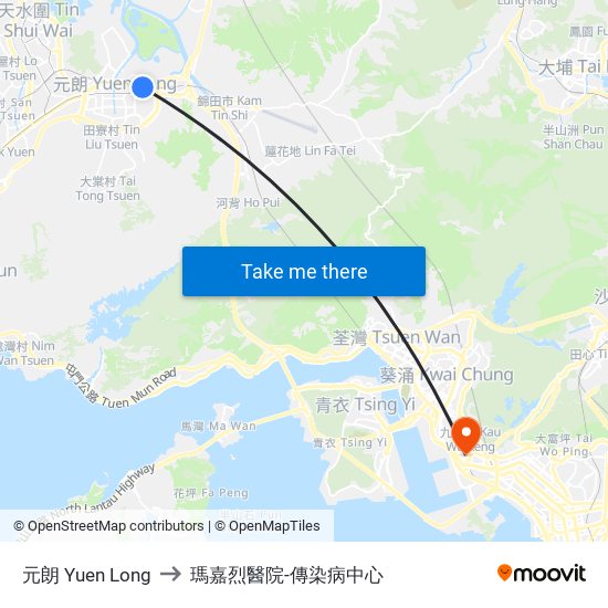 元朗 Yuen Long to 瑪嘉烈醫院-傳染病中心 map