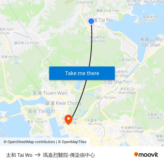 太和 Tai Wo to 瑪嘉烈醫院-傳染病中心 map