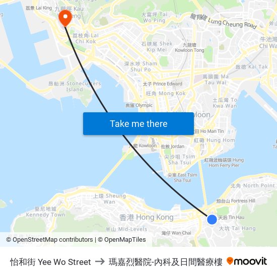 怡和街 Yee Wo Street to 瑪嘉烈醫院-內科及日間醫療樓 map